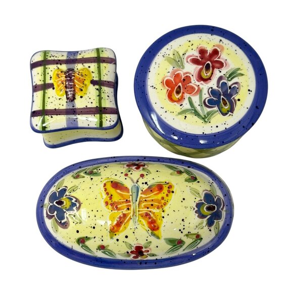 Julie Ueland Enesco Ceramic Trinket Boxes Floral Butterfly Set Vintage 1999 - Picture 1 of 16